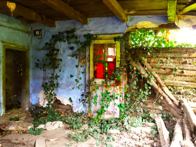 Home in Trei Sate: ivy grows through a ruined room with blue walls and a red window.